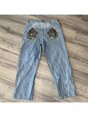 AMBUSH Jeans Mens 34x29 Blue Y2K Relaxed Baggy Tattoo Dragon Embroidered Denim